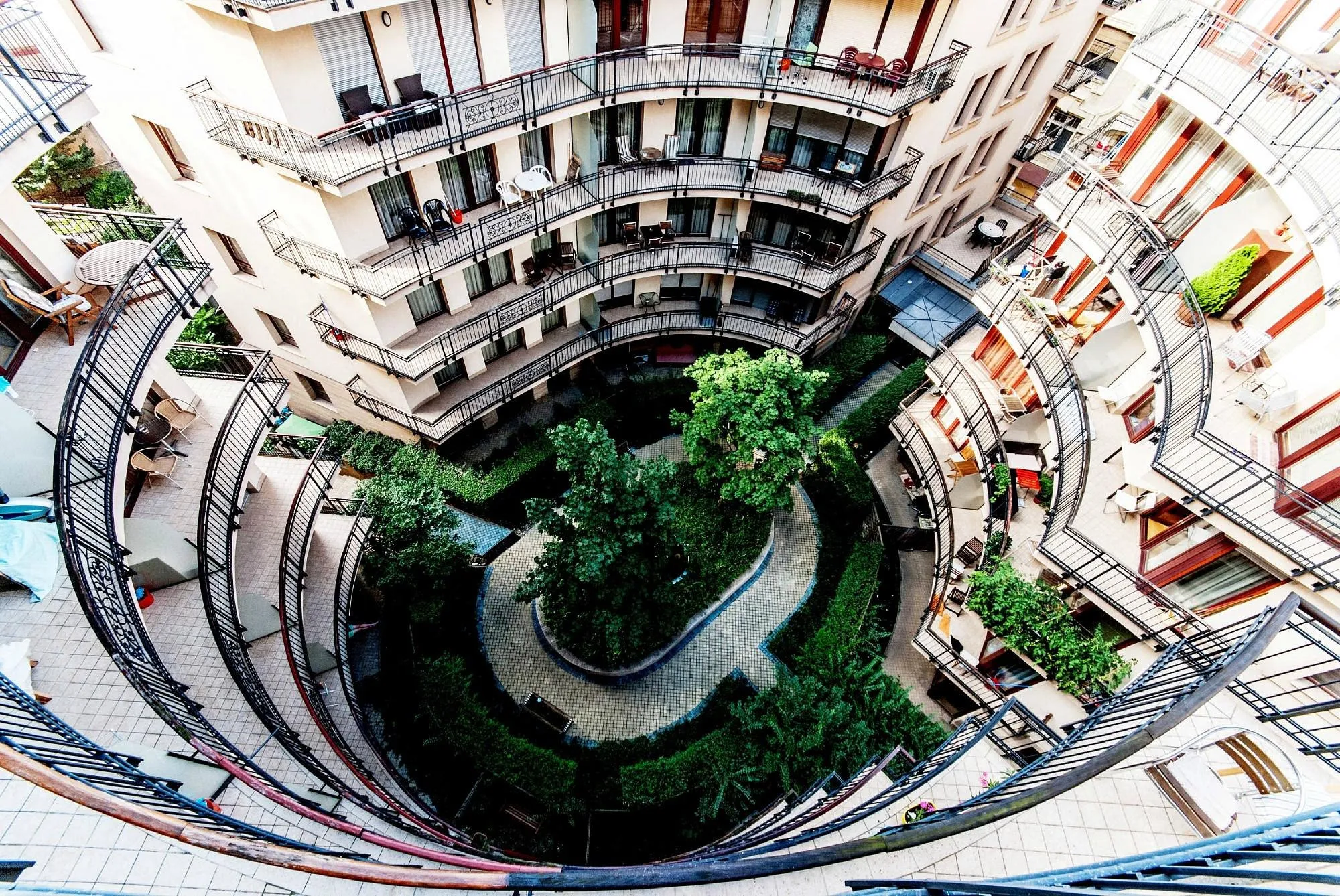 AR Forte Apartments' inner courtyard and apartment buildings viewed from above