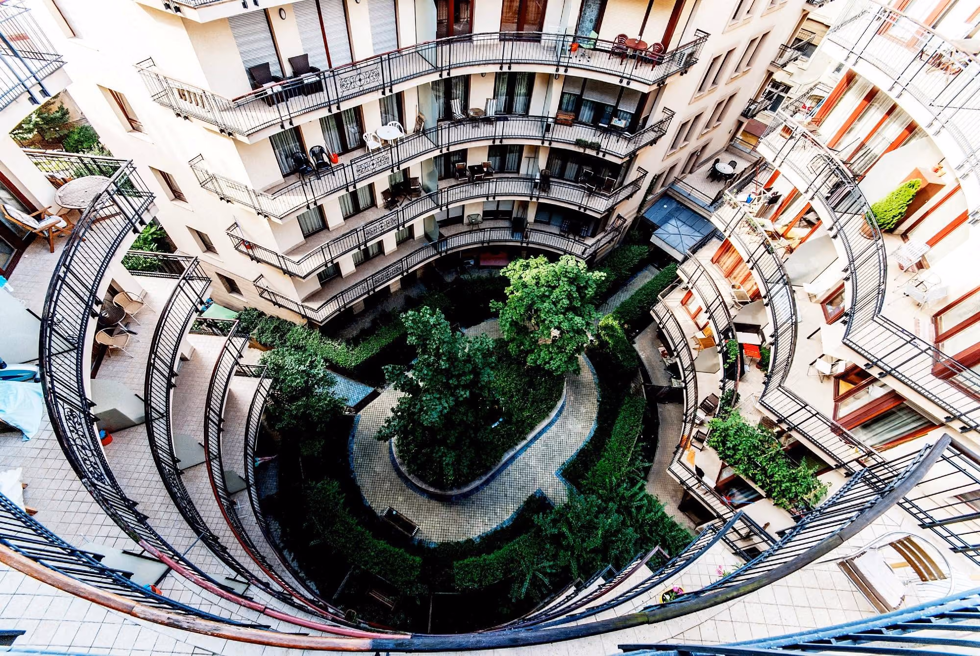 AR Forte Apartments' inner courtyard and apartment buildings viewed from above