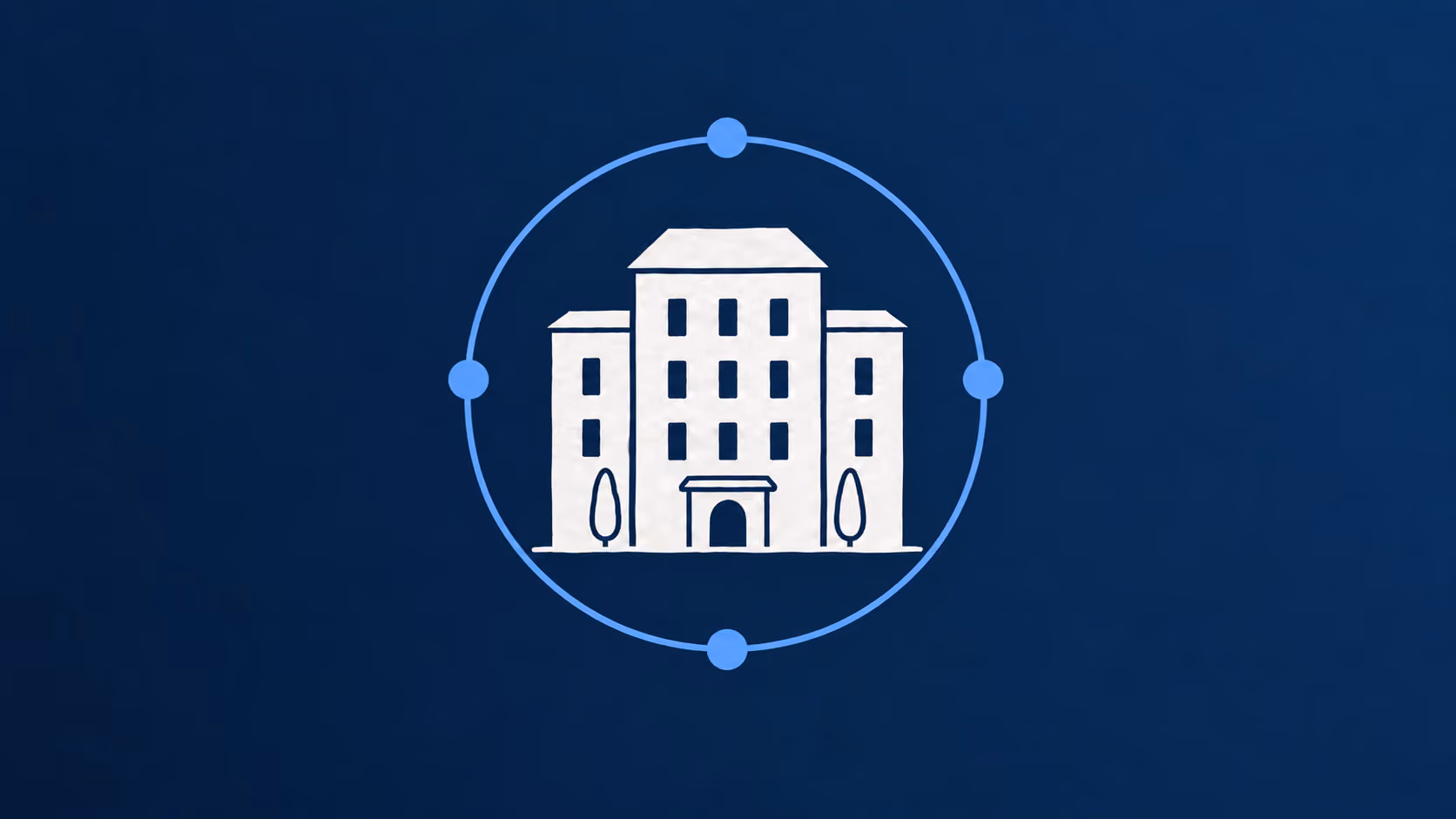 Paper-cut hotel connected by a blue circle, illustrating revenue management for independent hotels