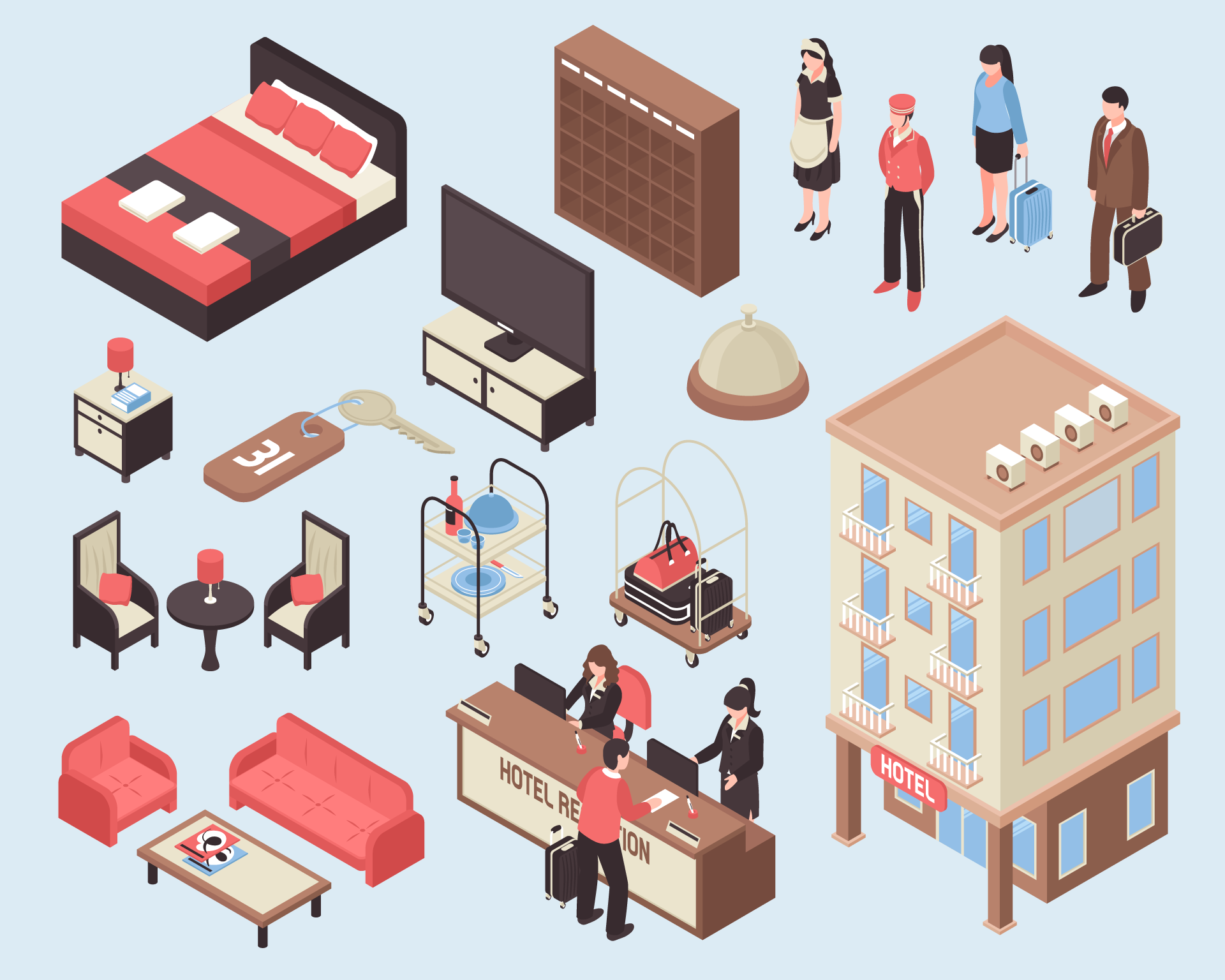 Isometrikus illusztráció konferenciát és szállodai környezetet bemutató ikonokkal