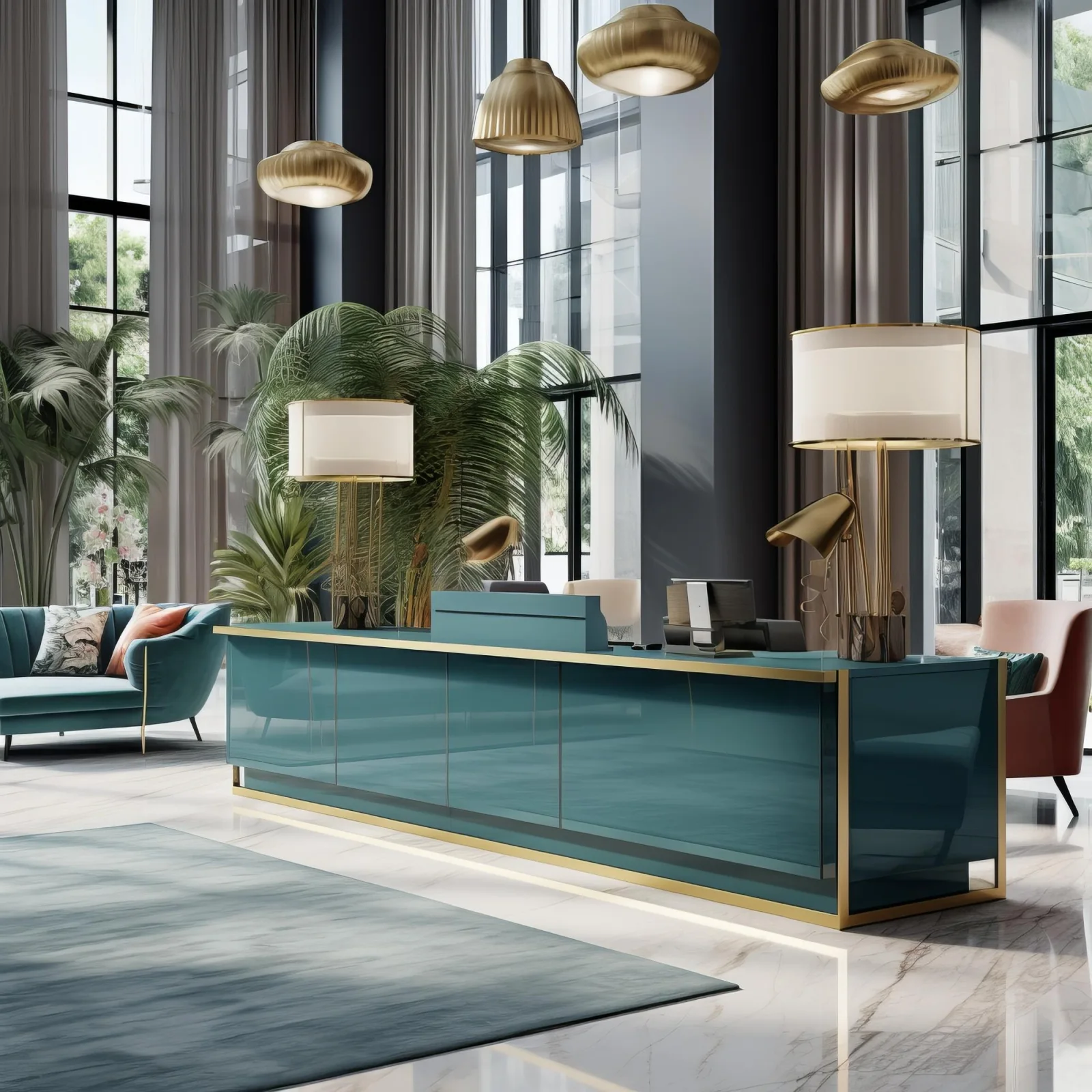 Contemporary hotel reception with a teal front desk and large windows