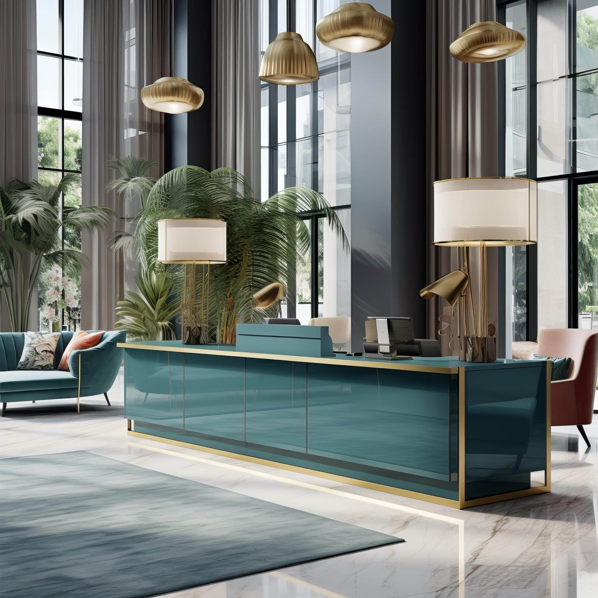 Contemporary hotel reception with a teal front desk and large windows